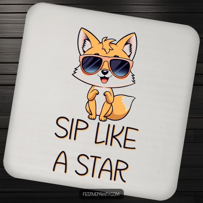 Funny drink coaster showing a giggling fox in oversized sunglasses striking a diva pose, protecting surfaces with undeniable style.