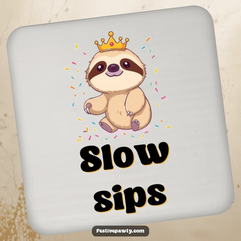 Funny sloth coaster featuring a crowned sloth slowly reaching for confetti, adding humor to table protection.
