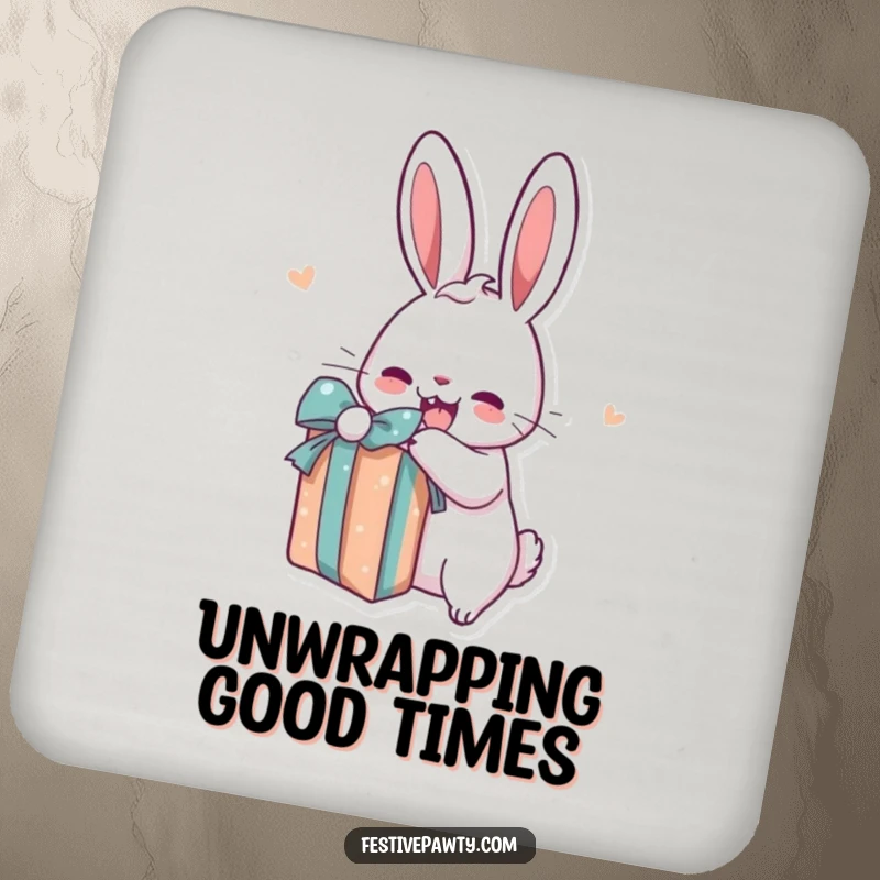 Funny rabbit coasters depicting a cartoon bunny excitedly unwrapping a present, protecting furniture with humor.