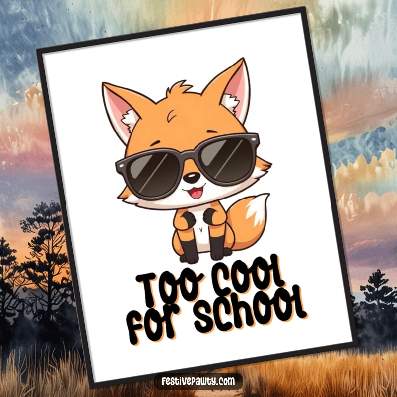 Funny poster showcasing a giggling fox in oversized sunglasses, striking a dramatic diva pose, full of attitude.