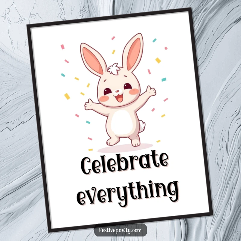 Funny Bunny Poster: A lively illustration of a joyful bunny character dancing joyfully with colorful confetti raining down, perfect for adding cheer.