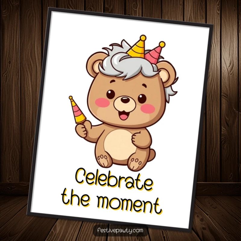 Funny poster displaying a happy bear character in a comical wig, enthusiastically blowing a party horn, adding festive flair.