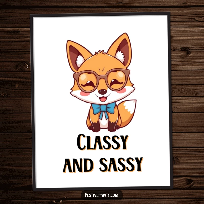 Funny joyful fox poster of a dapper fox wearing novelty glasses and a bow tie, perfect for charming decor.