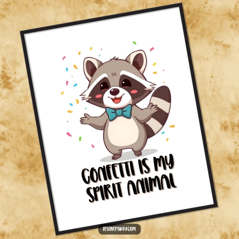Funny poster displaying a delighted raccoon in a bowtie, masterfully juggling a vibrant explosion of confetti, perfect art.