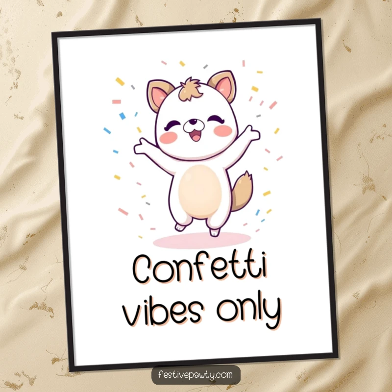 Funny animal character poster captured mid-dance with confetti falling, exuding pure jubilance.