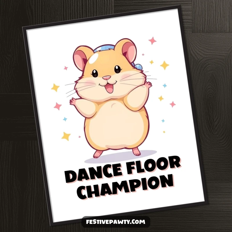 Funny Poster of a playful hamster in a disco ball costume, captured in a dynamic and dazzling spin, bringing disco vibes to any room.