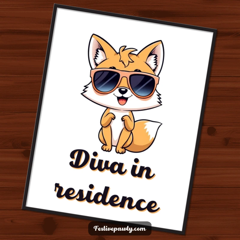 Funny poster of a giggling fox wearing oversized sunglasses, striking a powerful diva pose, radiating an aura of confidence and chic.