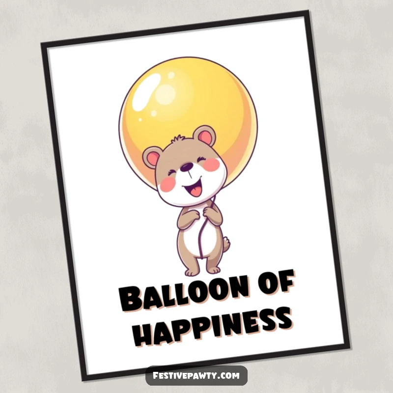 Funny animal character poster holding a large, vibrant balloon, exuding happiness and a sense of wonder.