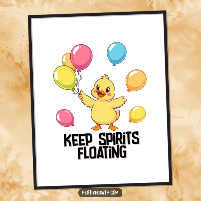 Funny duck poster depicting a cheerful character juggling colorful balloons, ideal for adding whimsical and humorous vibes.