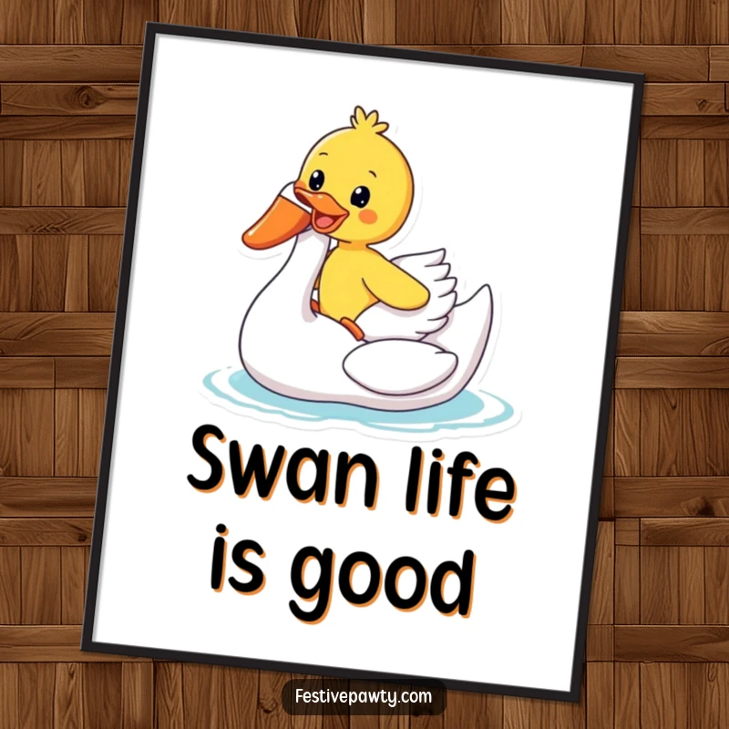 Funny Poster: A happy duck gleefully rides an inflatable swan, creating a scene of pure, humorous summer delight.