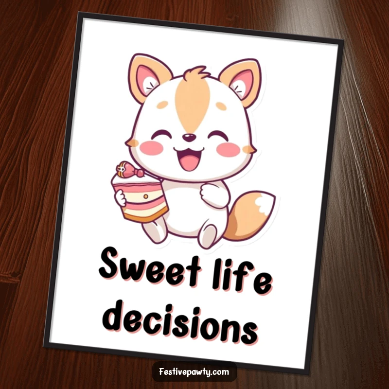 Funny enthusiastic animal character poster print, gleefully holding a large slice of cake, perfect for kitchen or party decor.