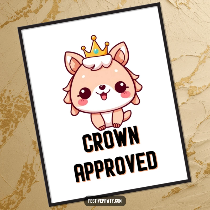 Funny festive animal poster, character wearing a sparkly crown, cheering with open arms, embodying a spirit of grand celebration.