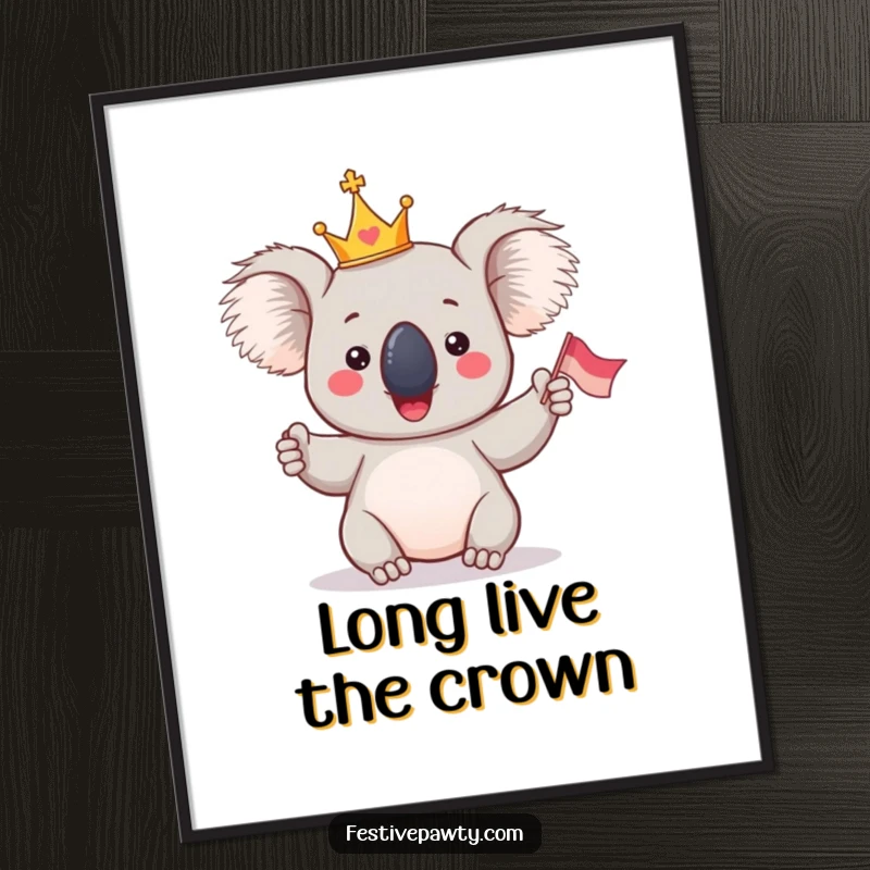 Funny Koala King Poster: A giddy koala wearing a tiny crown, triumphantly waving a flag, bringing a sense of joyful celebration.