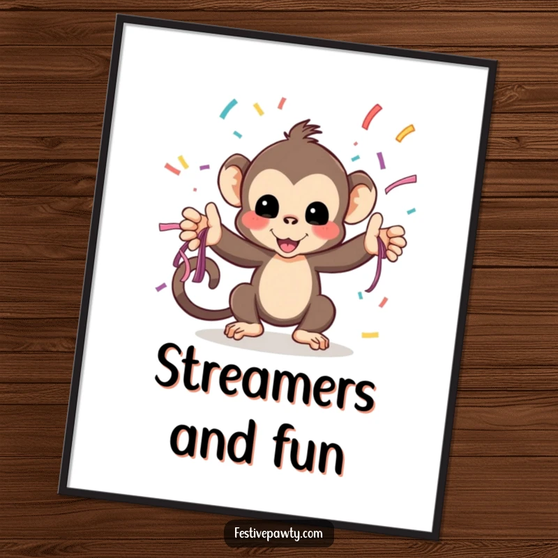 Funny Poster: A playful monkey tosses colorful streamers, creating a scene of vibrant, humorous festivity for any room.