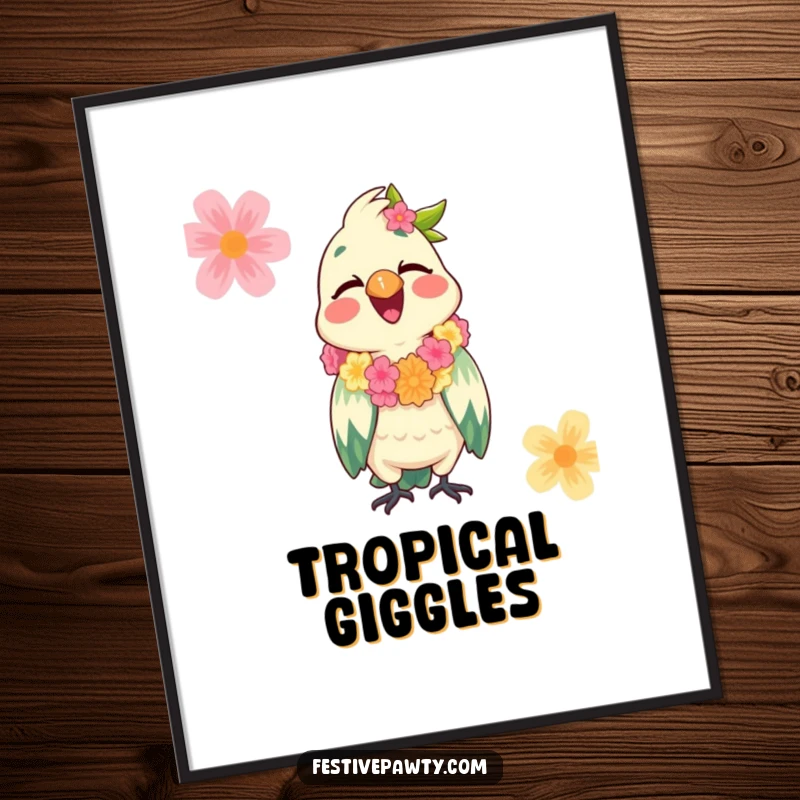 Funny Parrot Poster with a giggling parrot wearing a festive lei, creating a vibrant, tropical, and humorous focal point.