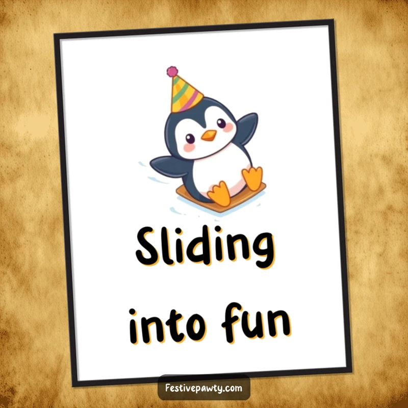 Funny poster showcasing a cheerful penguin in a party hat, having a blast sliding down a slippery icy slope.