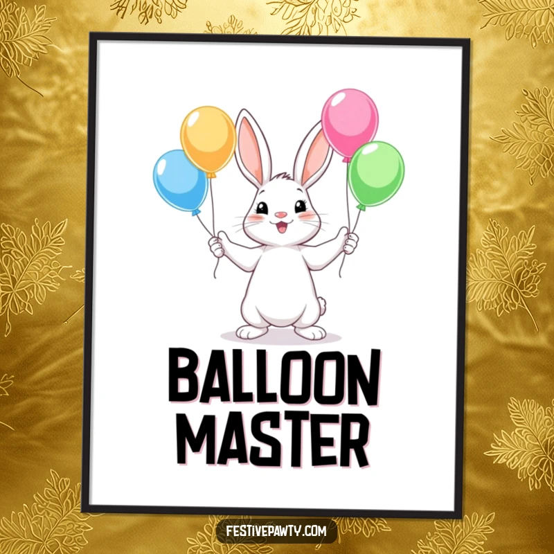 Funny Rabbit Poster featuring a cute cartoon rabbit skillfully juggling colorful balloons with all four paws, a whimsical piece.