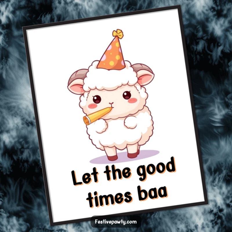 Funny sheep poster depicting a fluffy character in a party hat, blowing a party horn, ideal for adding humorous celebration vibes.