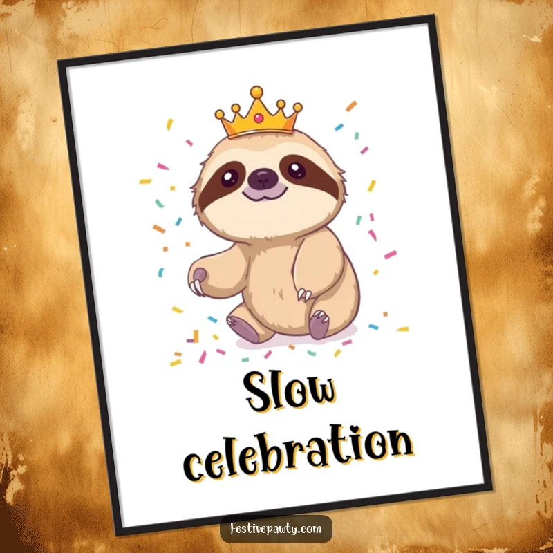 Funny sloth poster of a cheerful sloth king reaching slowly for confetti, adding relaxed celebration.