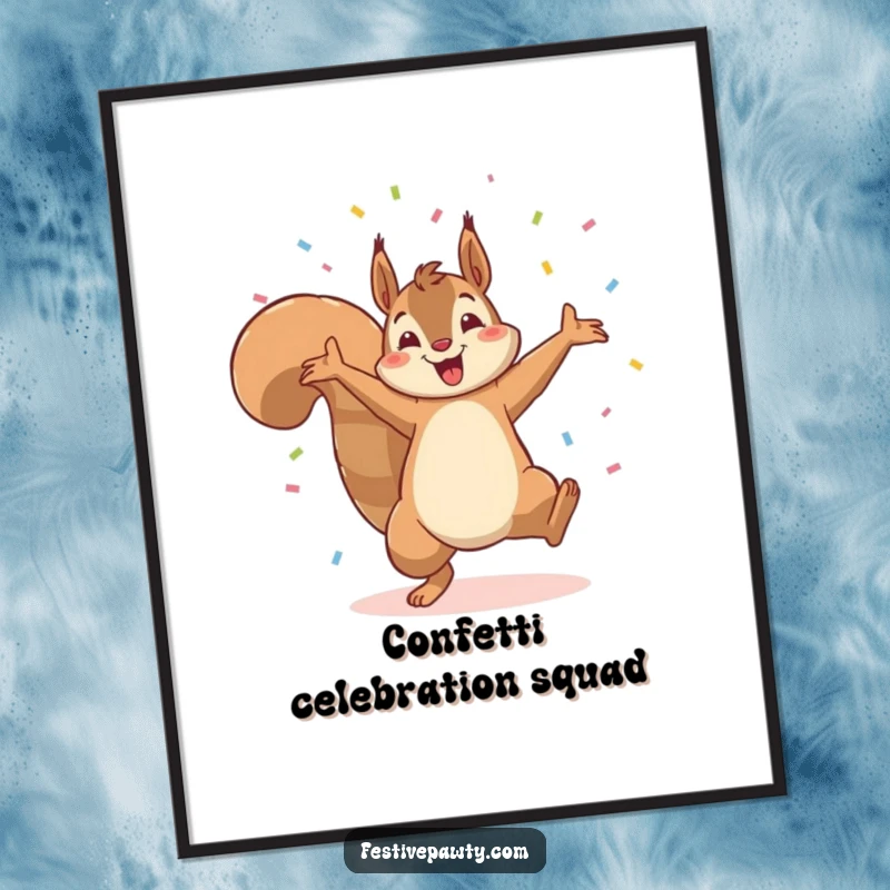Funny poster art of a squirrel doing a cartwheel, with confetti flying everywhere, capturing a moment of pure, unadulterated winning.