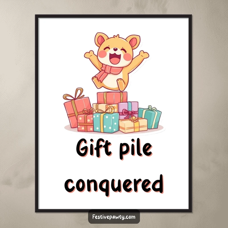 Funny poster art of a jubilant animal character mid-air leaping over a pile of wrapped presents, radiating pure happiness and celebration.