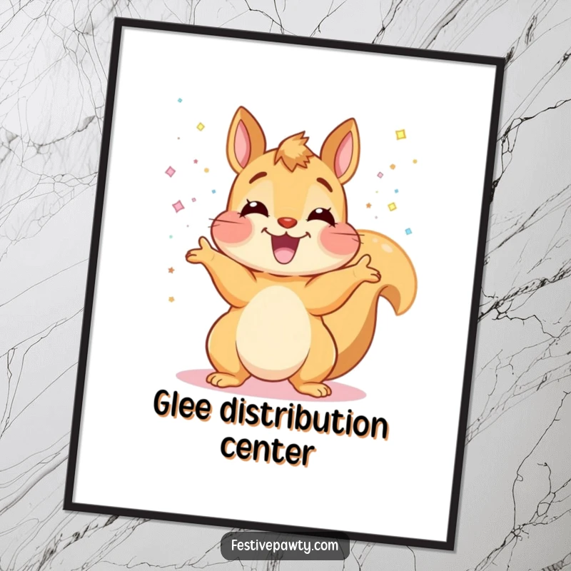 Funny Squirrel Poster: An ecstatic squirrel is captured mid-celebration, joyfully tossing a cloud of shimmering glitter.