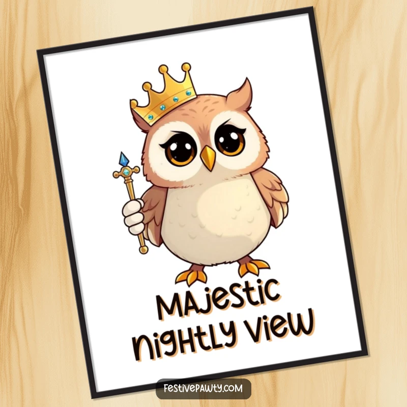 Funny Owl King Poster: A proud owl character dons a tiny crown and holds a sparkling scepter, exuding regal charm.