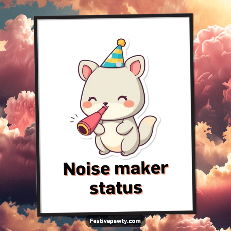 Funny animal character poster wearing a party hat and blowing a noisemaker, embodying pure celebration.