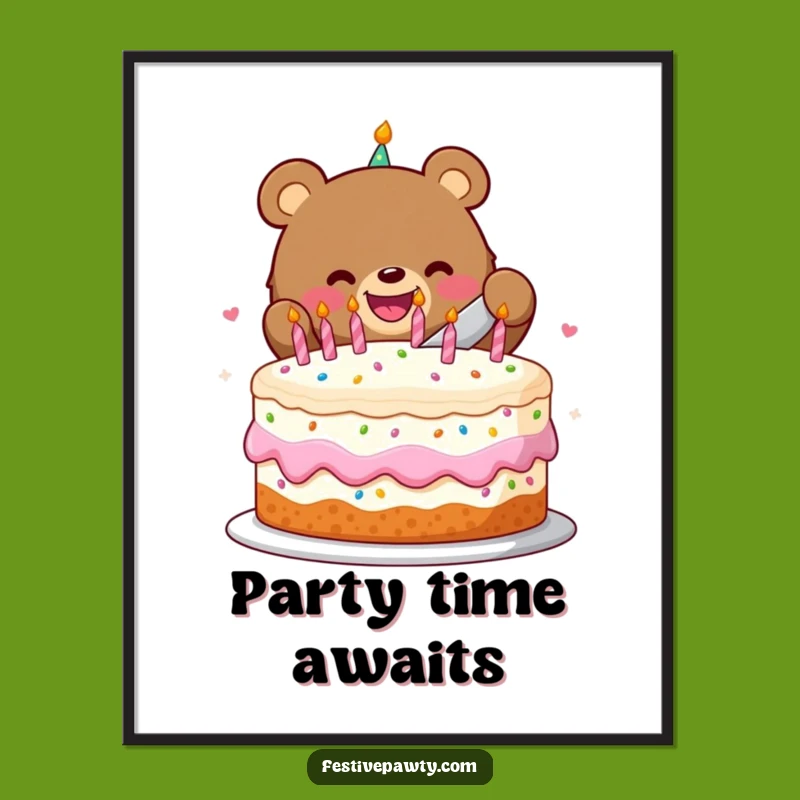 Vibrant Funny Birthday Bear Cake Slice Poster - Bring Humorous Celebration to Your Walls