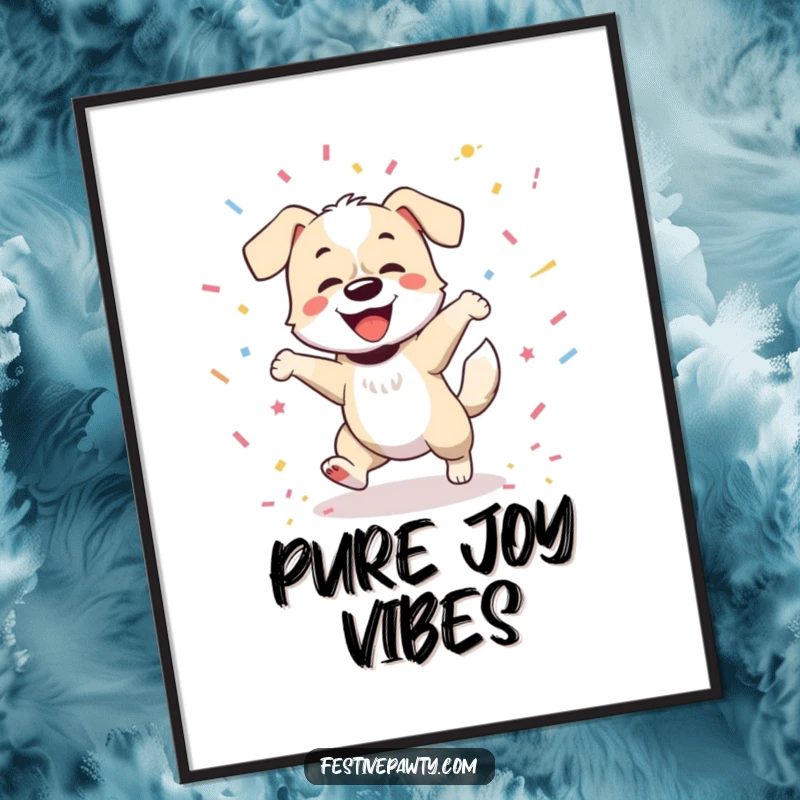 Funny poster of a joyful dog captured mid-dance, tail wagging furiously, surrounded by a festive explosion of confetti, celebrating with pure delight.