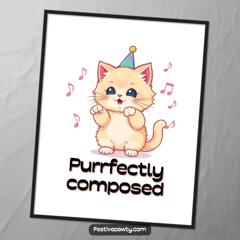 Funny Poster of a fluffy kitten in a party hat, energetically conducting a whimsical orchestra of musical notes, adding artistic charm.