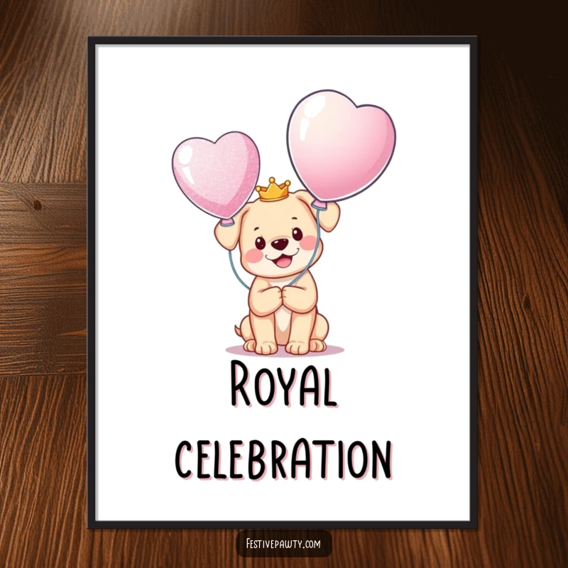 Funny Poster of a happy puppy wearing a tiny crown, holding a large, glittering balloon, radiating celebratory joy and canine cuteness.