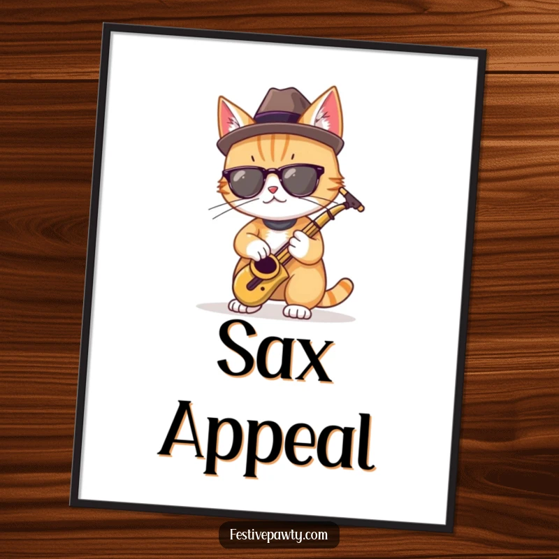 Funny poster of a cool cat in a fedora, playing a tiny saxophone, perfect for jazz-themed decor.
