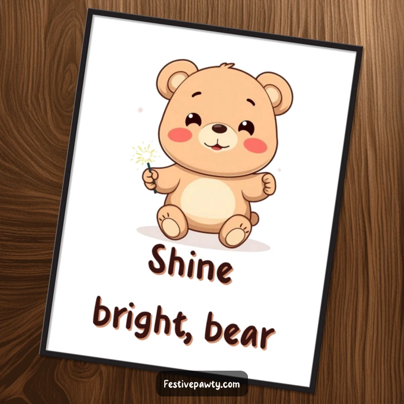 Funny Bear Poster featuring a smiling cartoon bear holding a brightly lit sparkler, radiating happiness and festive cheer.