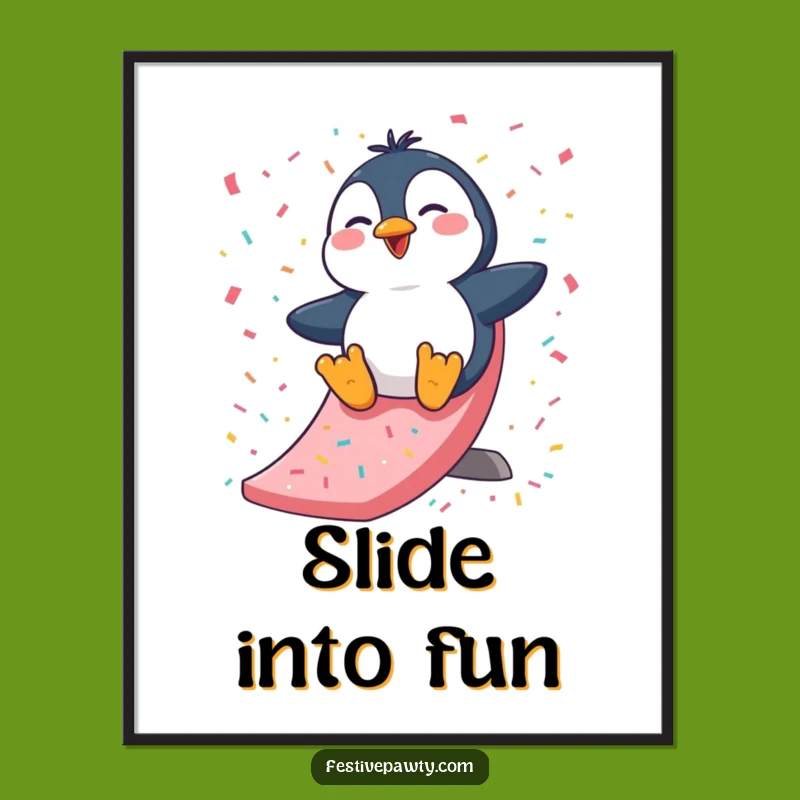 Funny Penguin Slide Poster: Vibrant Giggles, Arctic Fun Decor, Perfect Wall Art Gift