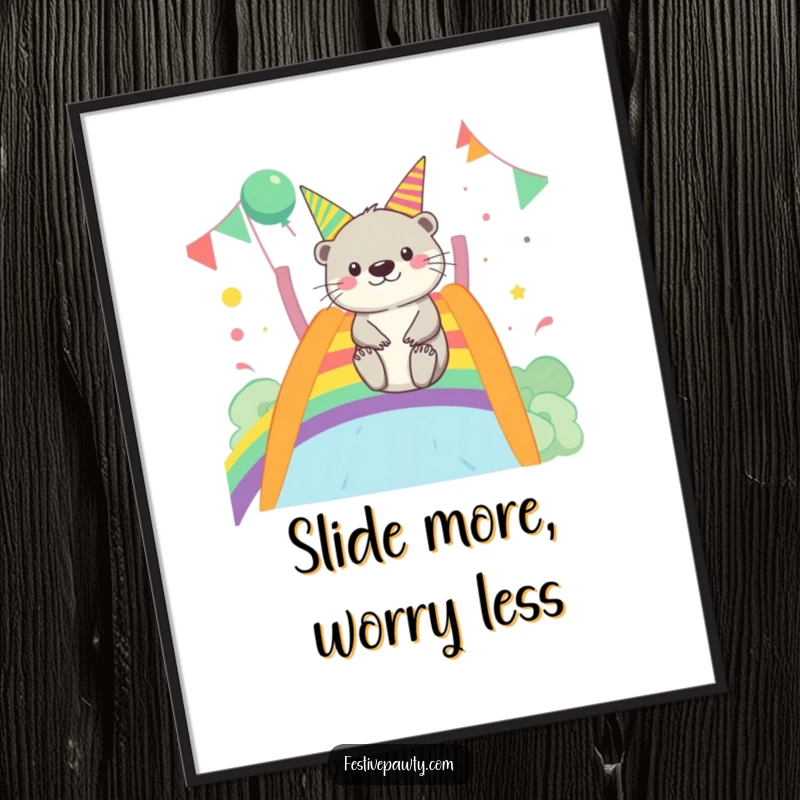 Funny Otter Poster: A merry otter is captured mid-slide down a spectacular rainbow, embodying pure, unadulterated party fun.