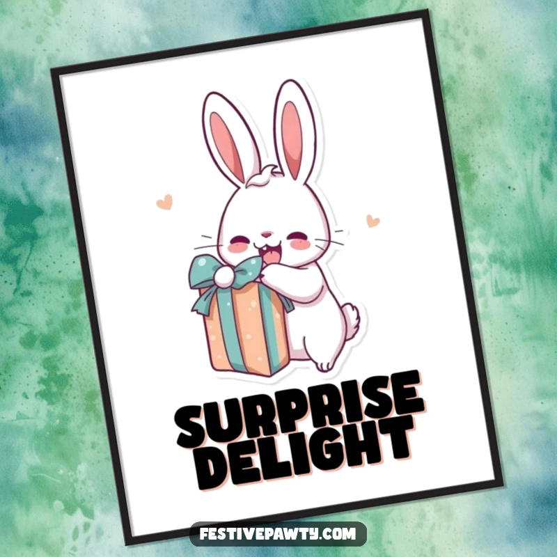 Funny rabbit poster print of a cartoon bunny excitedly unwrapping a gift with wide eyes and a joyful expression.