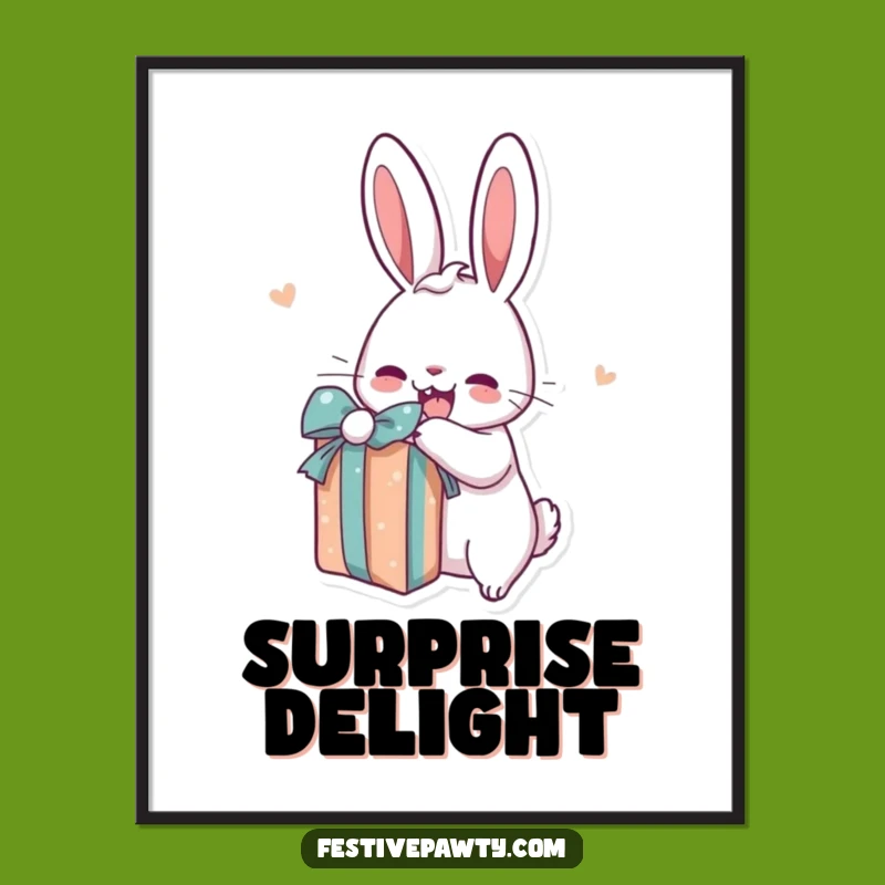 Funny Rabbit Present Poster: Excited Cartoon Art, Perfect Gift
