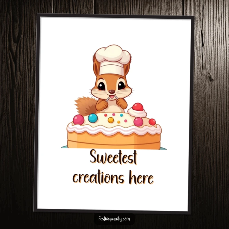 Funny poster of a squirrel in a chef hat, decorating a huge cake with frosting, perfect kitchen art.
