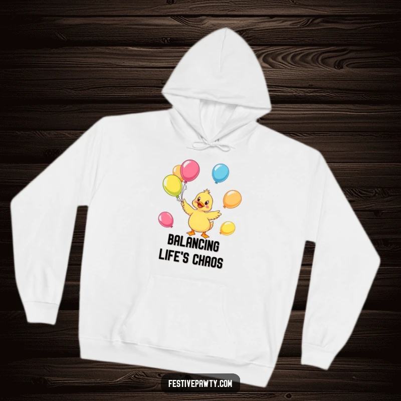 Funny duck hoodie featuring a cheerful character juggling bright balloons, ideal for staying cozy and happy.