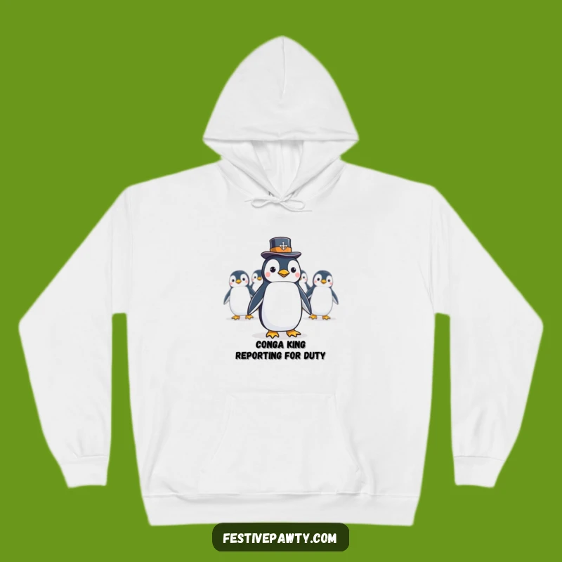 Funny Penguin Conga Line Hoodie: A Dapper Bird Leads a Hilarious Celebration, Perfect Gift!
