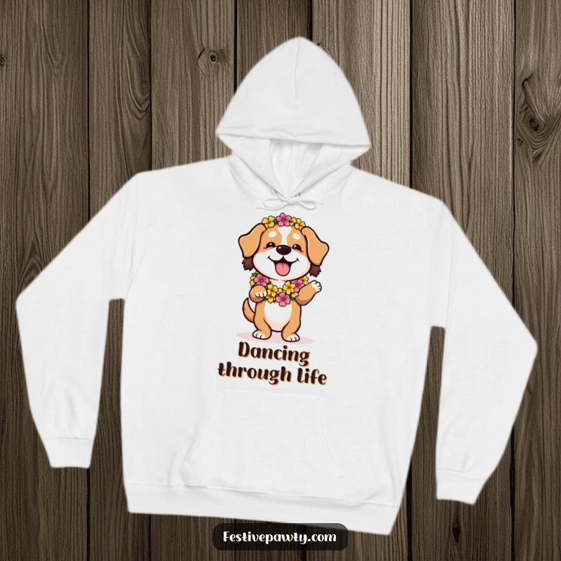 Funny hoodie showcasing a playful dog wearing a flower lei, doing a relaxed hula dance, perfect for comfort.
