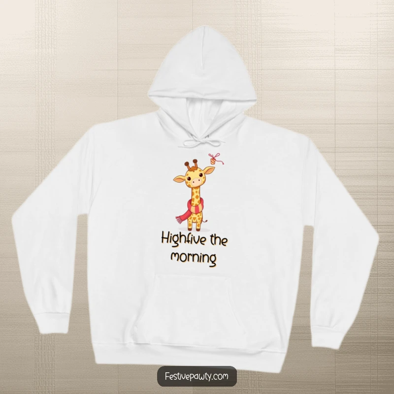 Funny Giraffe Hoodie: A giraffe in a festive scarf reaches for a high streamer, bringing cozy humor and party spirit.