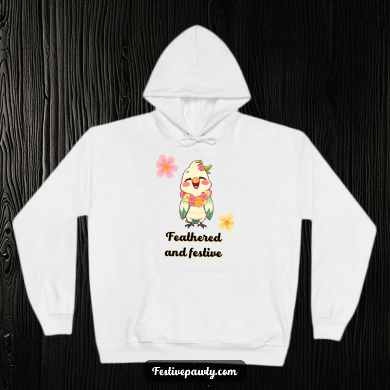 Funny Parrot Hoodie with a giggling parrot wearing a festive lei, offering warmth and a touch of tropical, party-ready cheer.
