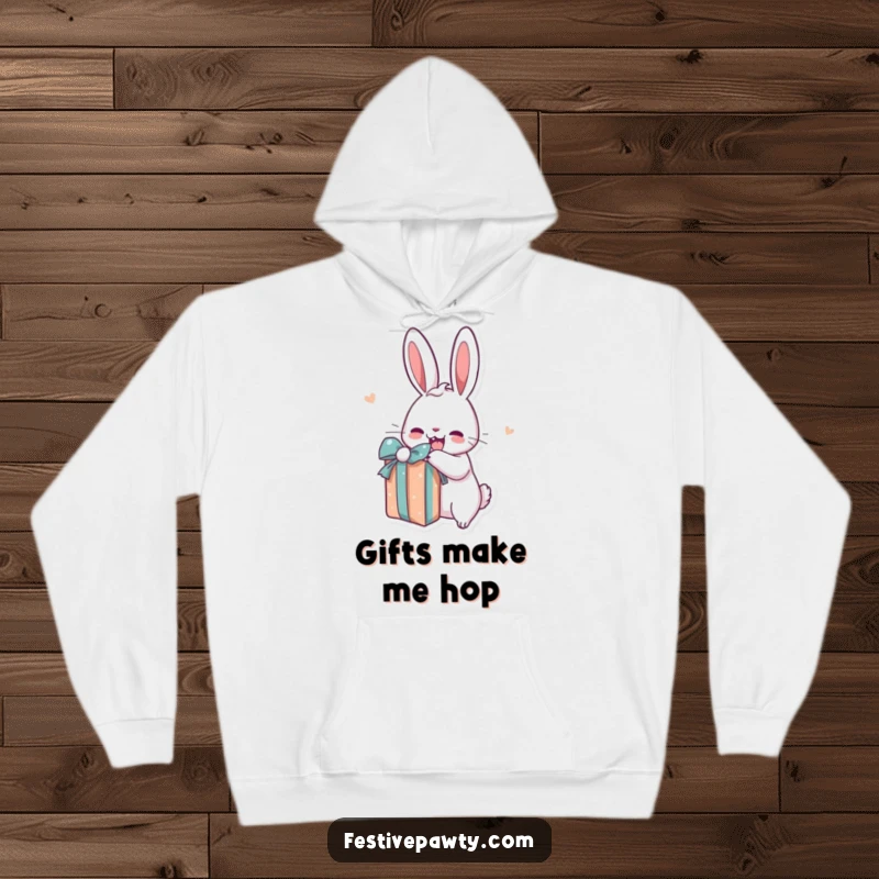 Funny rabbit hoodie showing a cartoon bunny excitedly unwrapping a present, symbolizing happy anticipation and warmth.