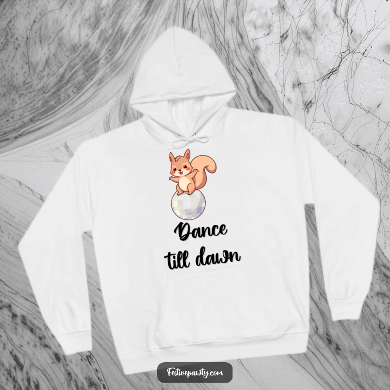 Funny Hoodie: A playful squirrel character in mid-dance move on a shiny disco ball, full of rhythm.