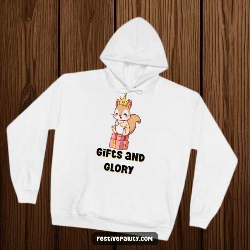 Funny Squirrel King Hoodie: A crowned squirrel sits atop a stack of gifts, offering cozy humor and royal vibes.