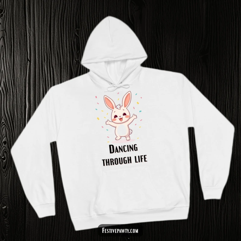 Funny Bunny Hoodie: A comfortable hoodie featuring a joyful bunny character dancing with confetti raining down, perfect for spreading happy vibes.