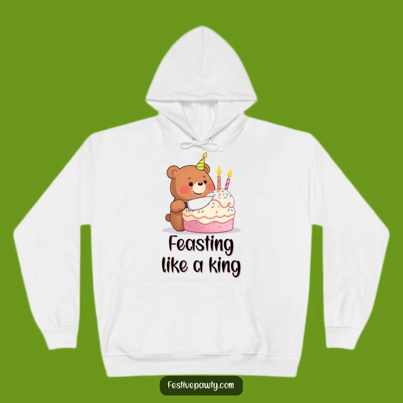 Funny Birthday Bear Hoodie: Cozy Celebration with Cake & Joy