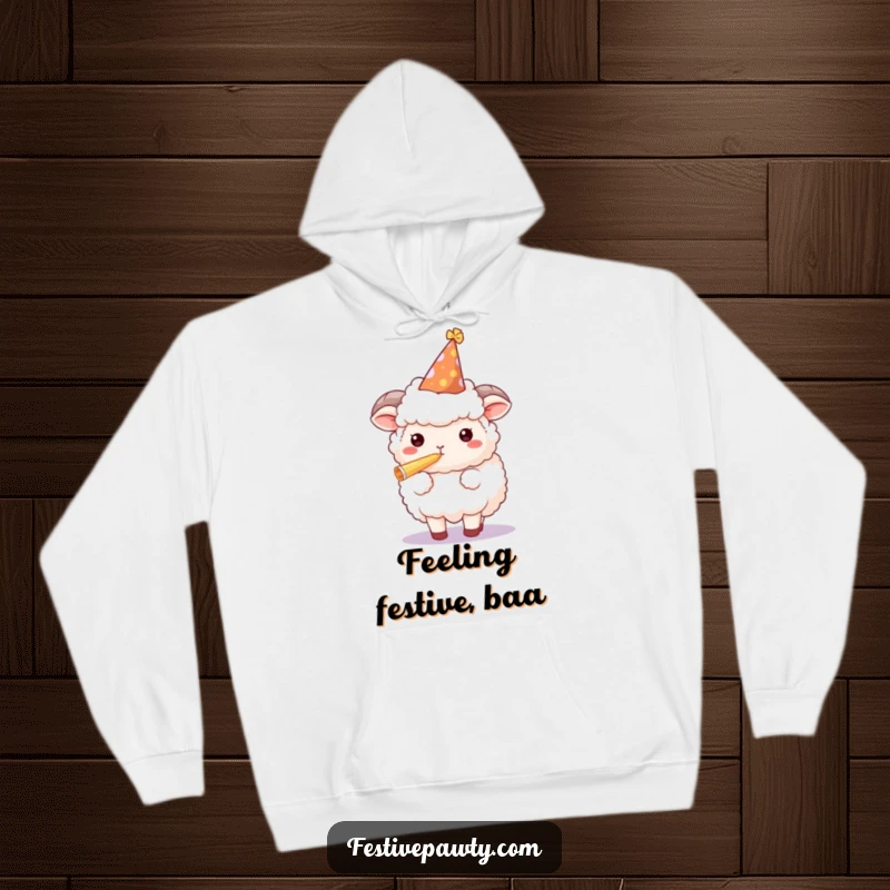 Funny sheep hoodie featuring a fluffy character in a party hat, happily blowing a party horn, ideal for cozy celebrations.